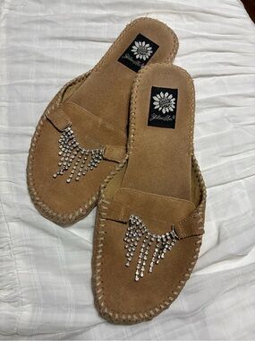 Yellow Box Tan Suede Slip-On Mules with Rhinestone Fringe, 8.5